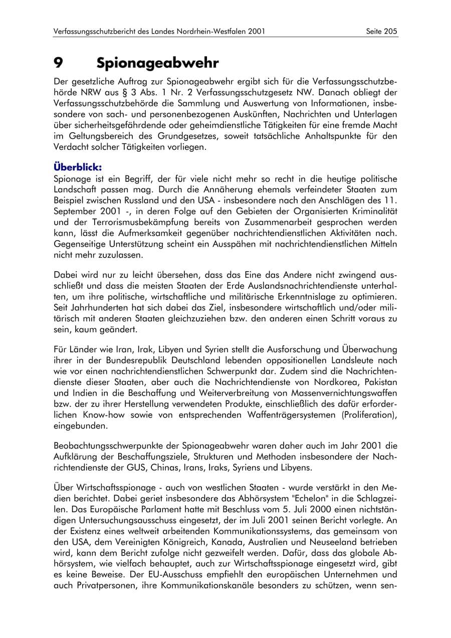 Seite 205 des Verfassungsschutzbericht 2001 Nordrhein-Westfalen