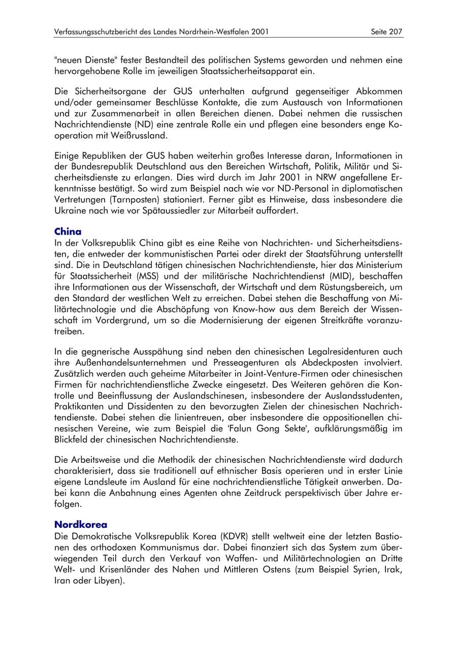 Seite 207 des Verfassungsschutzbericht 2001 Nordrhein-Westfalen
