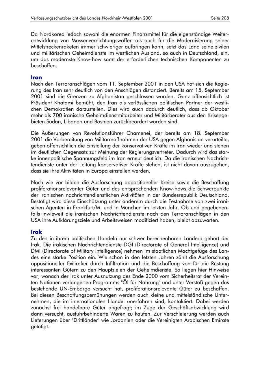 Seite 208 des Verfassungsschutzbericht 2001 Nordrhein-Westfalen