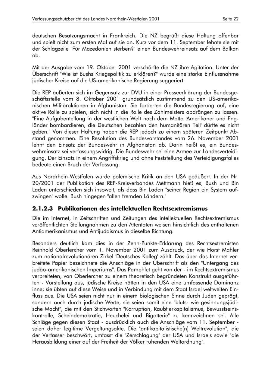 Seite 22 des Verfassungsschutzbericht 2001 Nordrhein-Westfalen