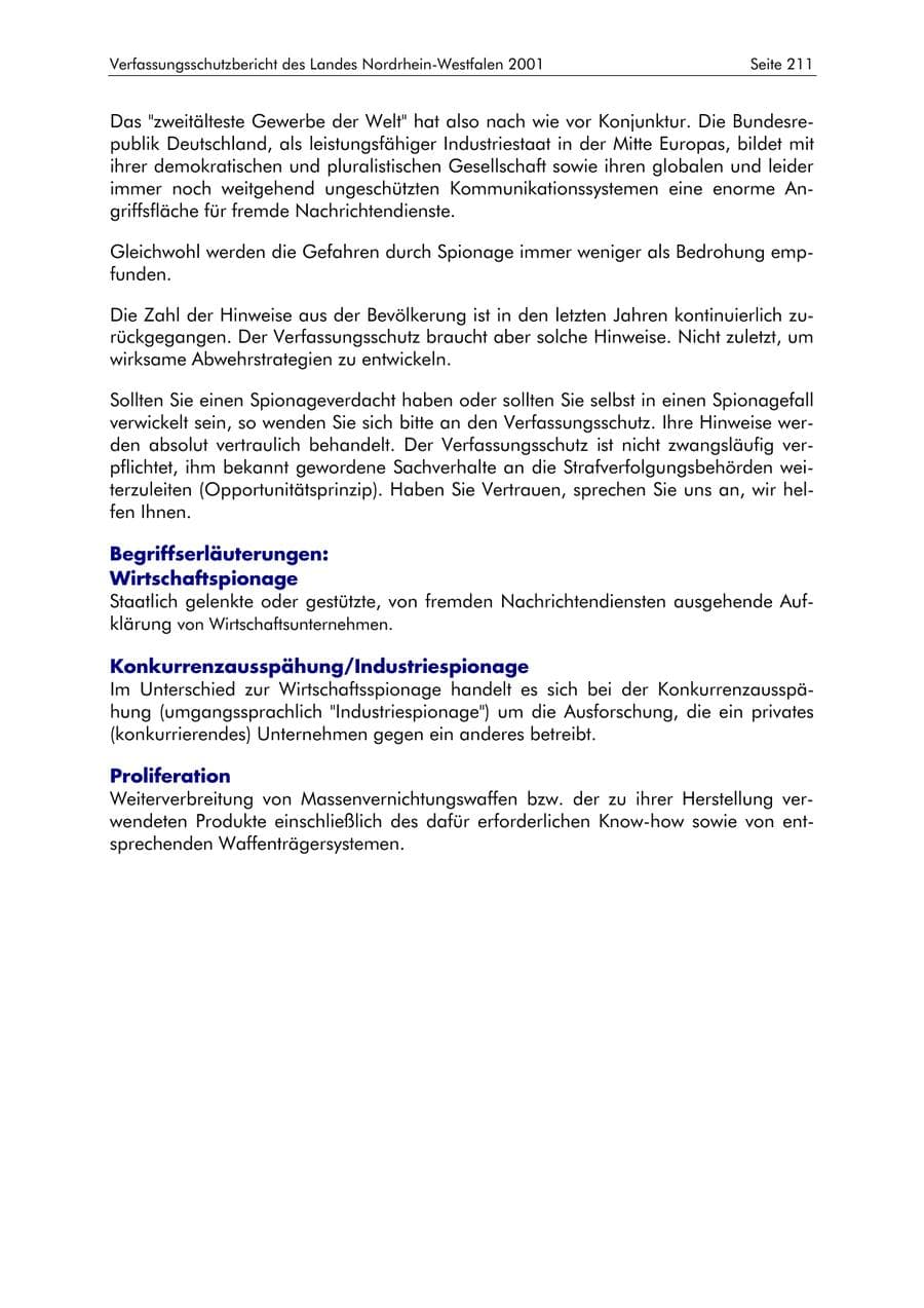 Seite 211 des Verfassungsschutzbericht 2001 Nordrhein-Westfalen
