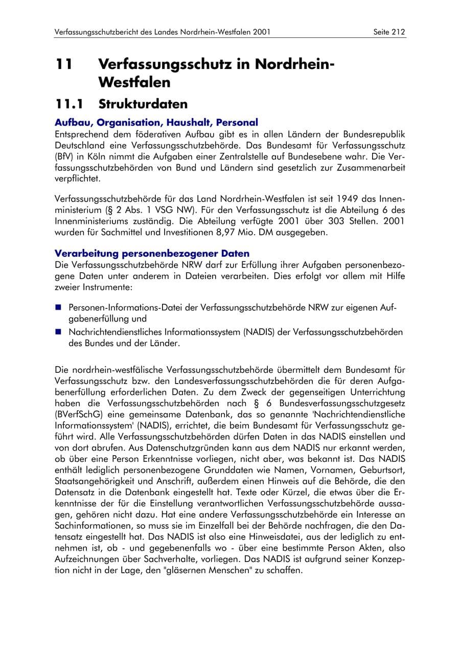 Seite 212 des Verfassungsschutzbericht 2001 Nordrhein-Westfalen