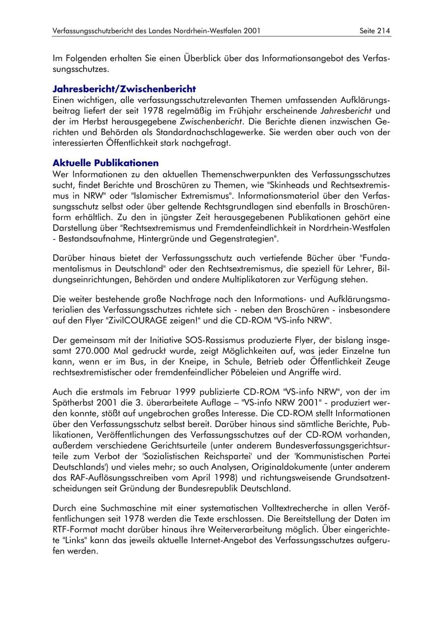 Seite 214 des Verfassungsschutzbericht 2001 Nordrhein-Westfalen