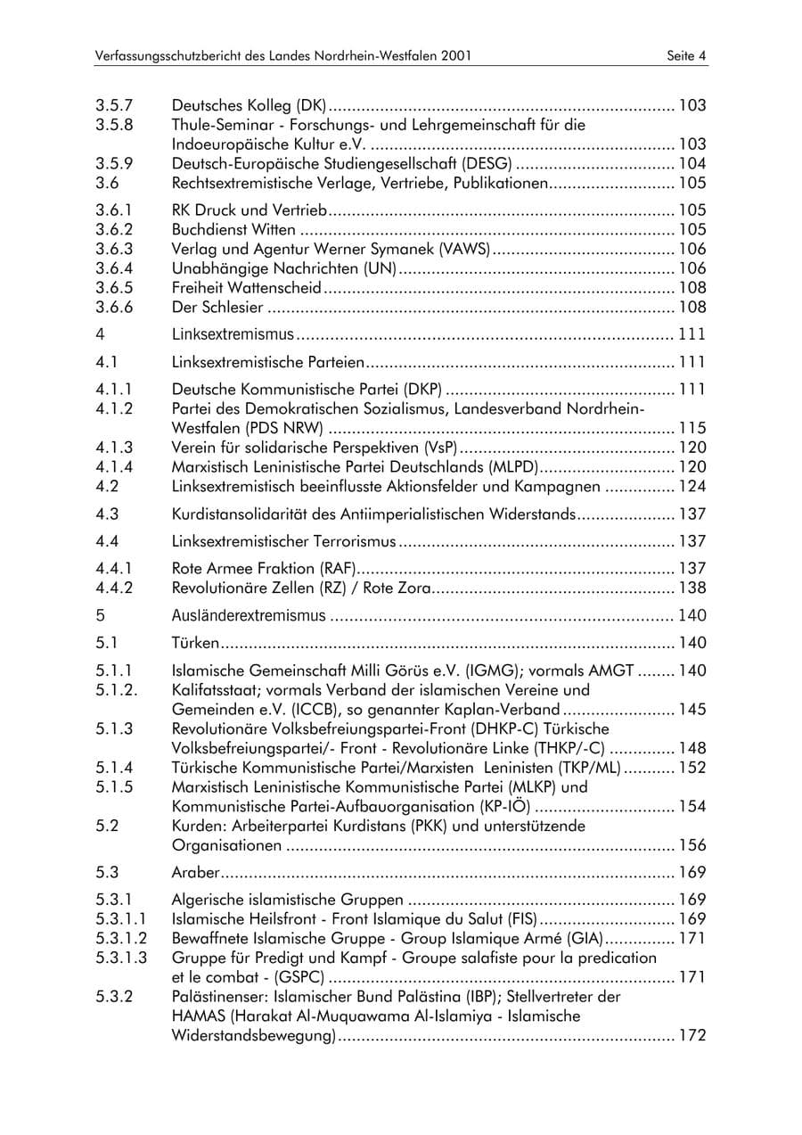 Seite 4 des Verfassungsschutzbericht 2001 Nordrhein-Westfalen