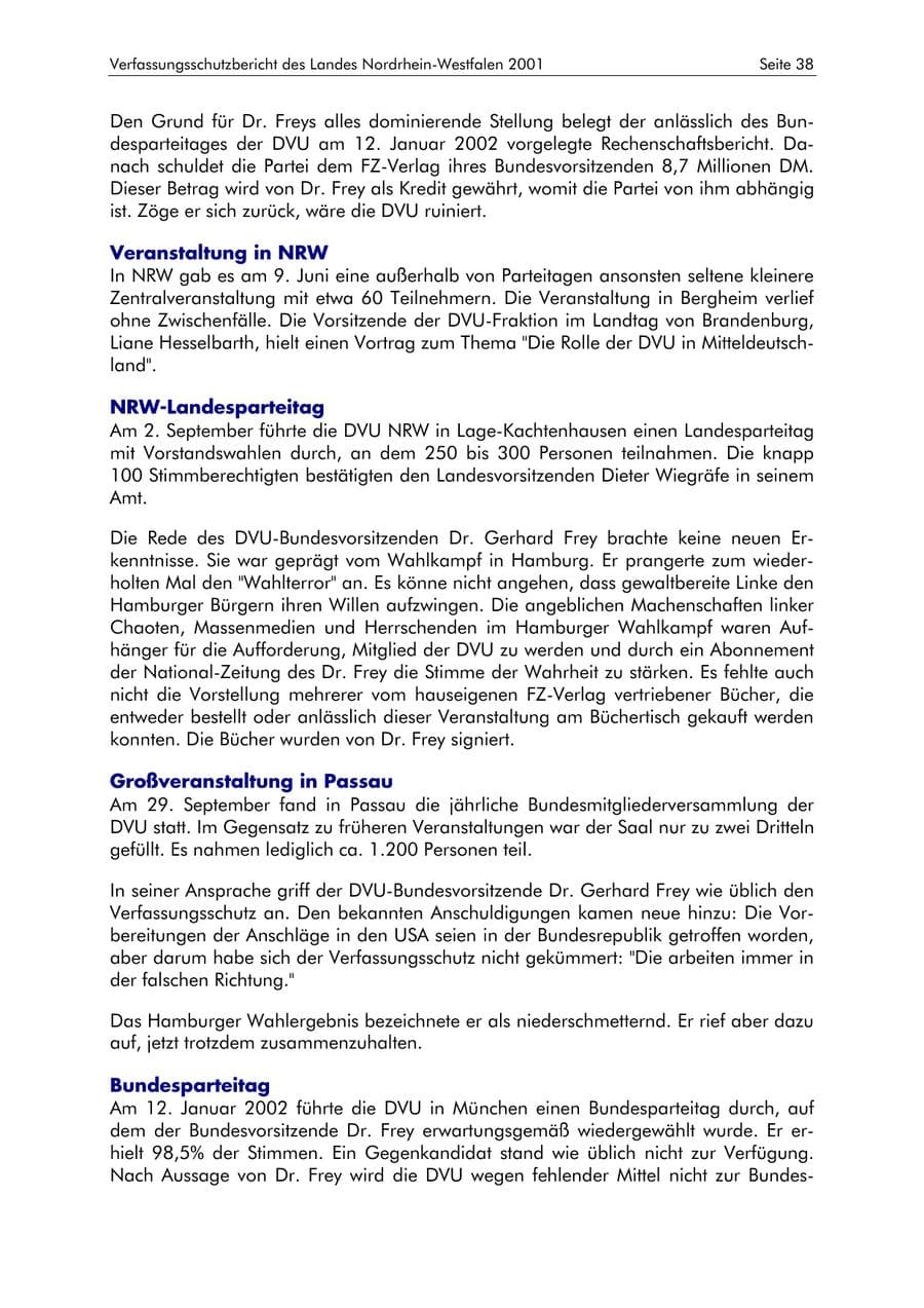 Seite 38 des Verfassungsschutzbericht 2001 Nordrhein-Westfalen