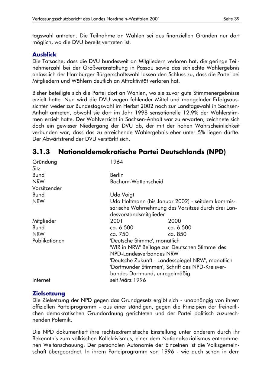 Seite 39 des Verfassungsschutzbericht 2001 Nordrhein-Westfalen