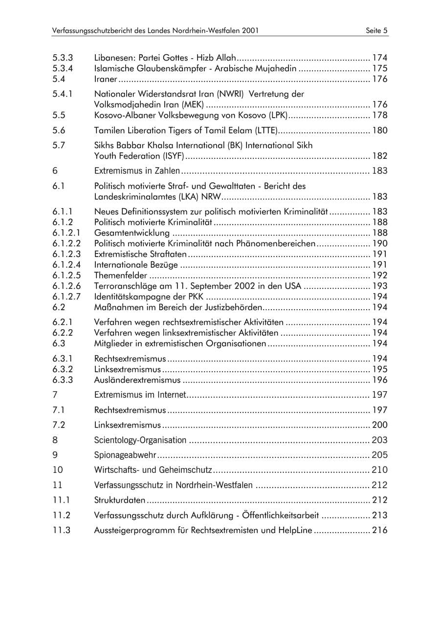 Seite 5 des Verfassungsschutzbericht 2001 Nordrhein-Westfalen