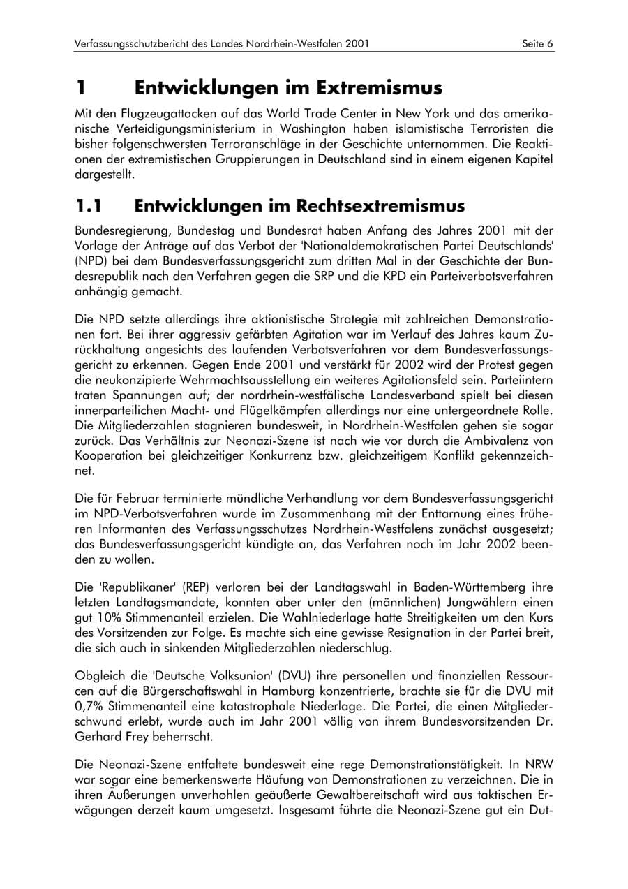 Seite 6 des Verfassungsschutzbericht 2001 Nordrhein-Westfalen
