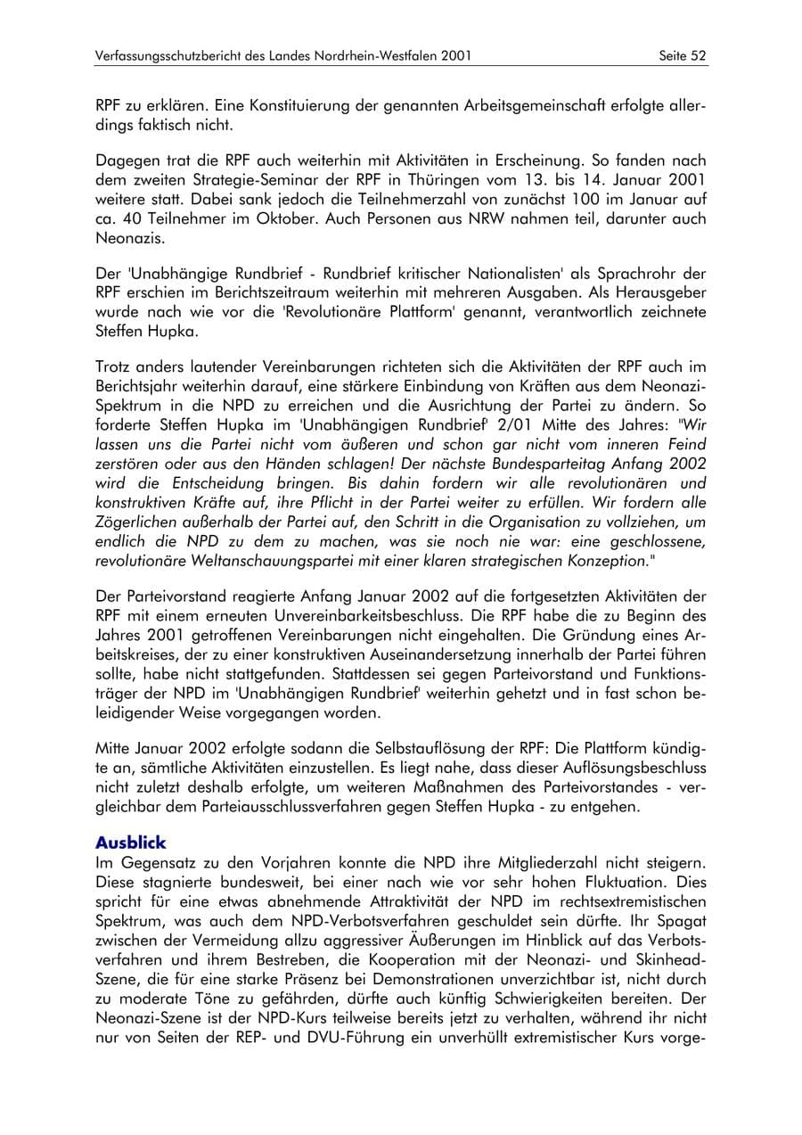 Seite 52 des Verfassungsschutzbericht 2001 Nordrhein-Westfalen