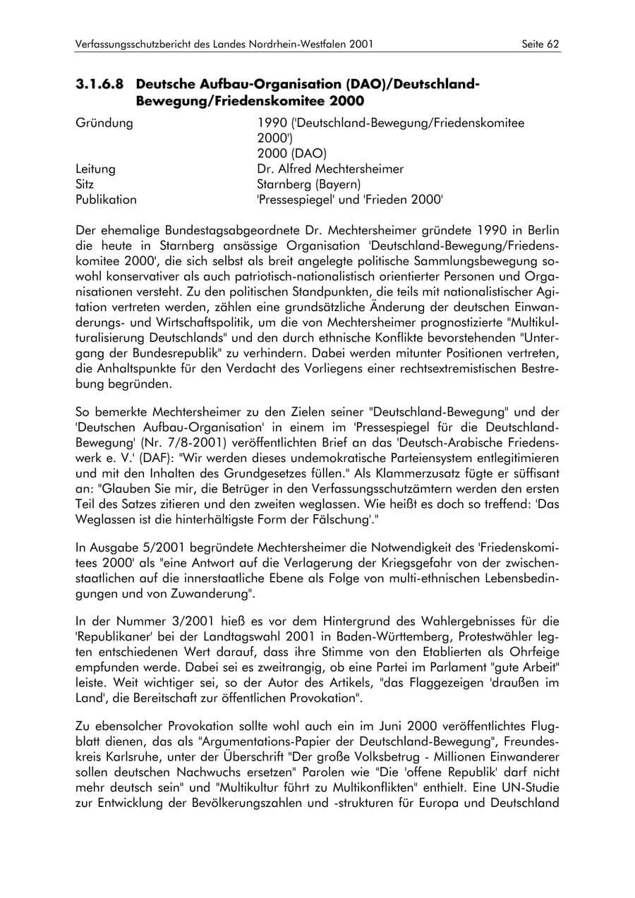 Seite 62 des Verfassungsschutzbericht 2001 Nordrhein-Westfalen