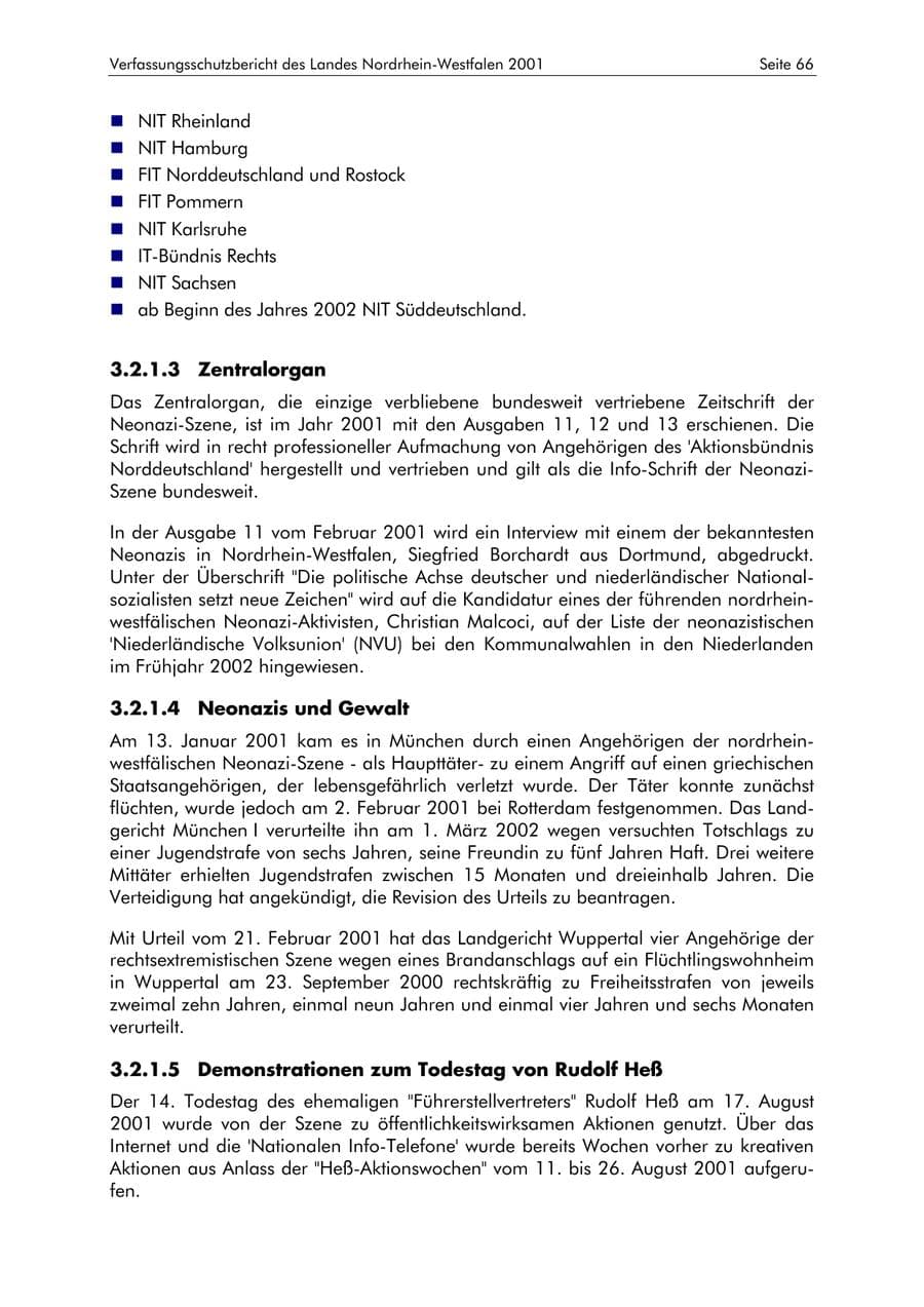 Seite 66 des Verfassungsschutzbericht 2001 Nordrhein-Westfalen
