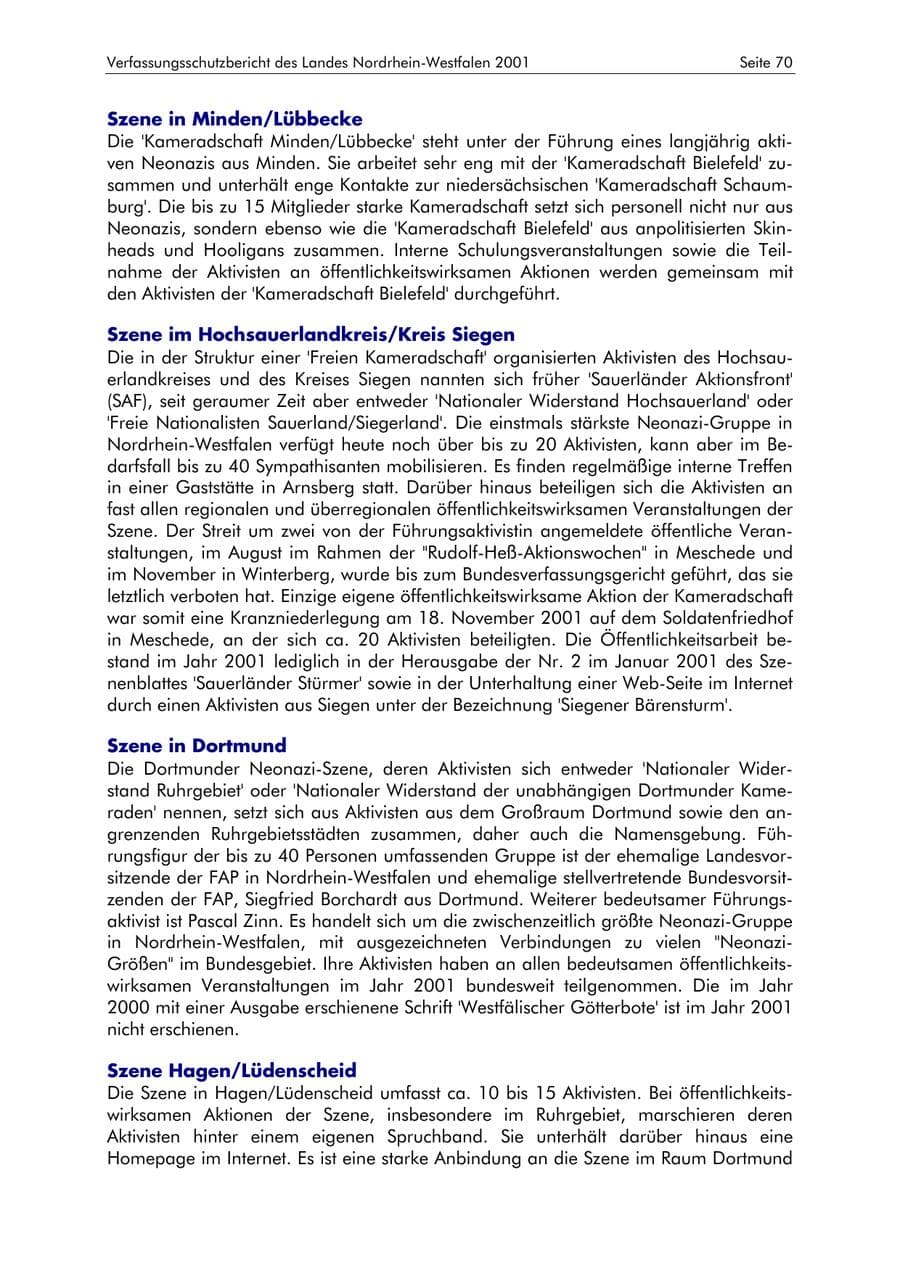 Seite 70 des Verfassungsschutzbericht 2001 Nordrhein-Westfalen
