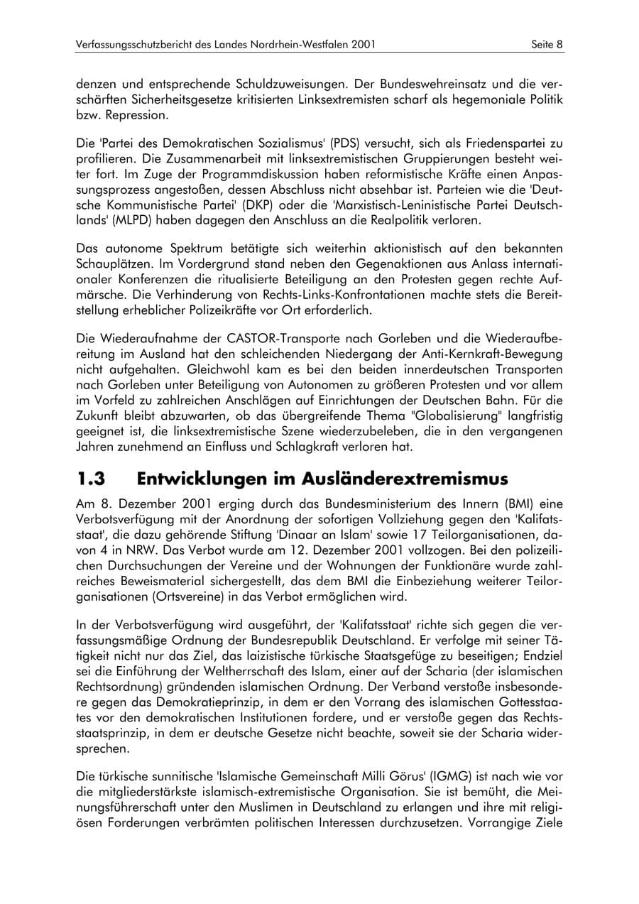 Seite 8 des Verfassungsschutzbericht 2001 Nordrhein-Westfalen