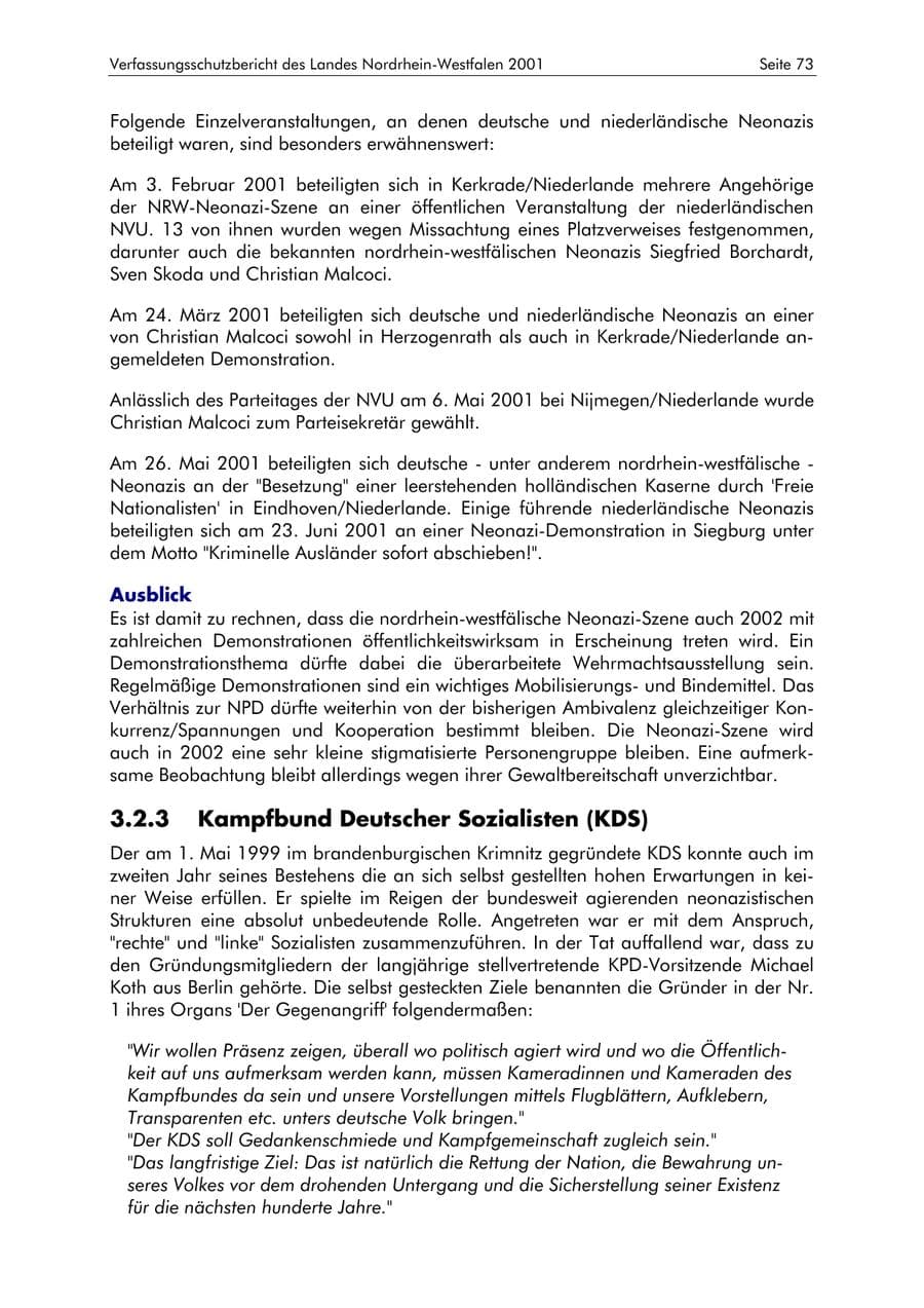 Seite 73 des Verfassungsschutzbericht 2001 Nordrhein-Westfalen