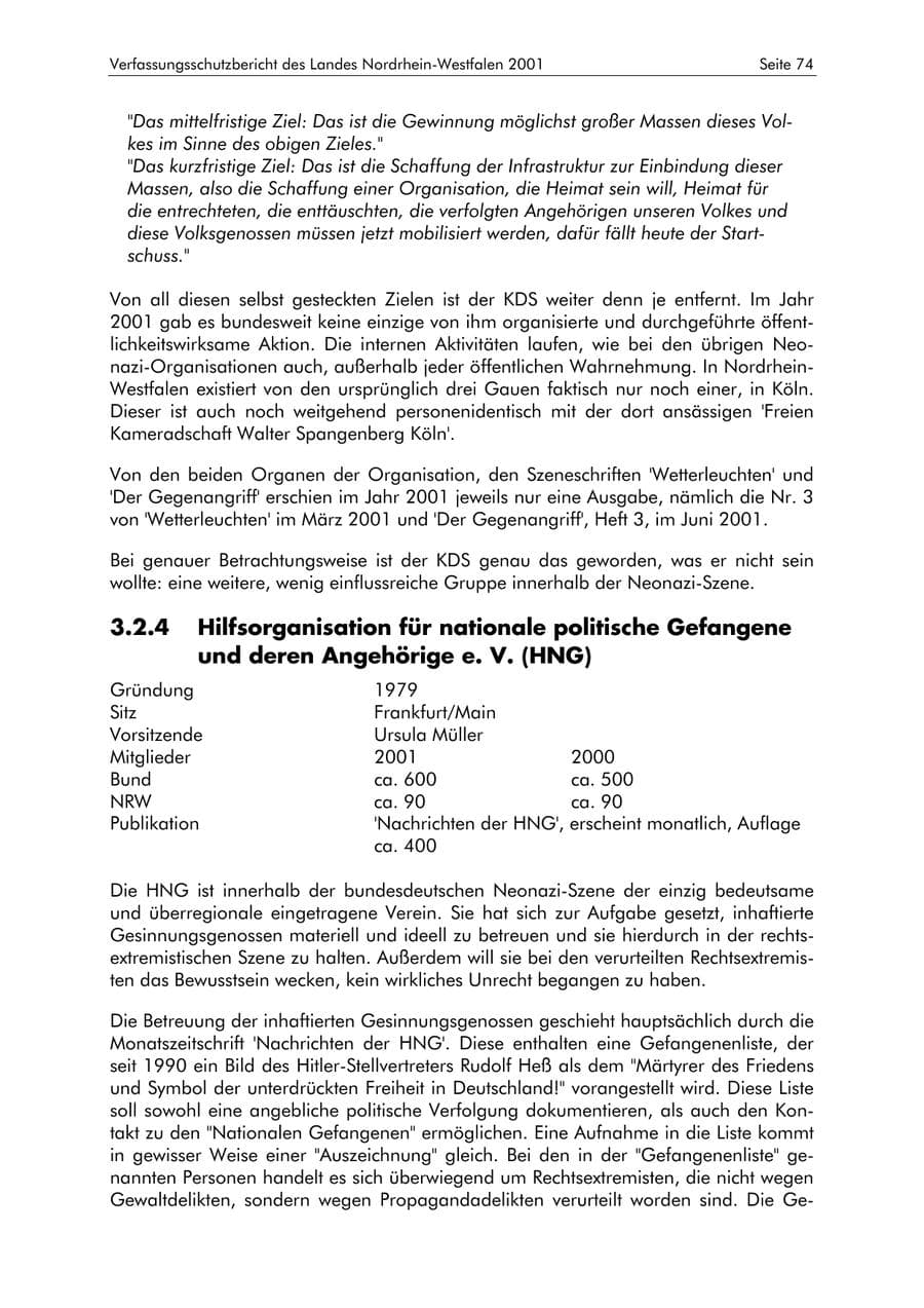 Seite 74 des Verfassungsschutzbericht 2001 Nordrhein-Westfalen