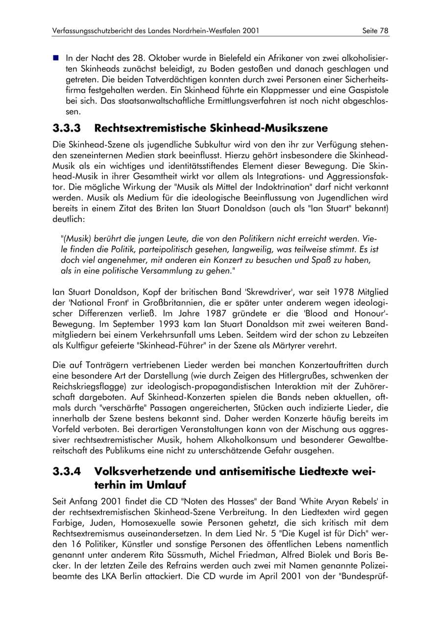 Seite 78 des Verfassungsschutzbericht 2001 Nordrhein-Westfalen