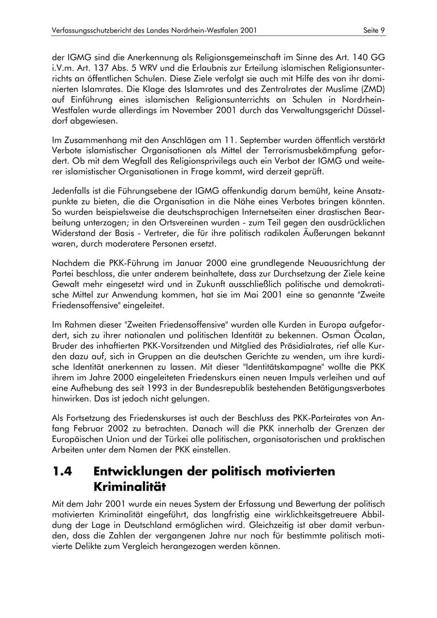 Seite 9 des Verfassungsschutzbericht 2001 Nordrhein-Westfalen