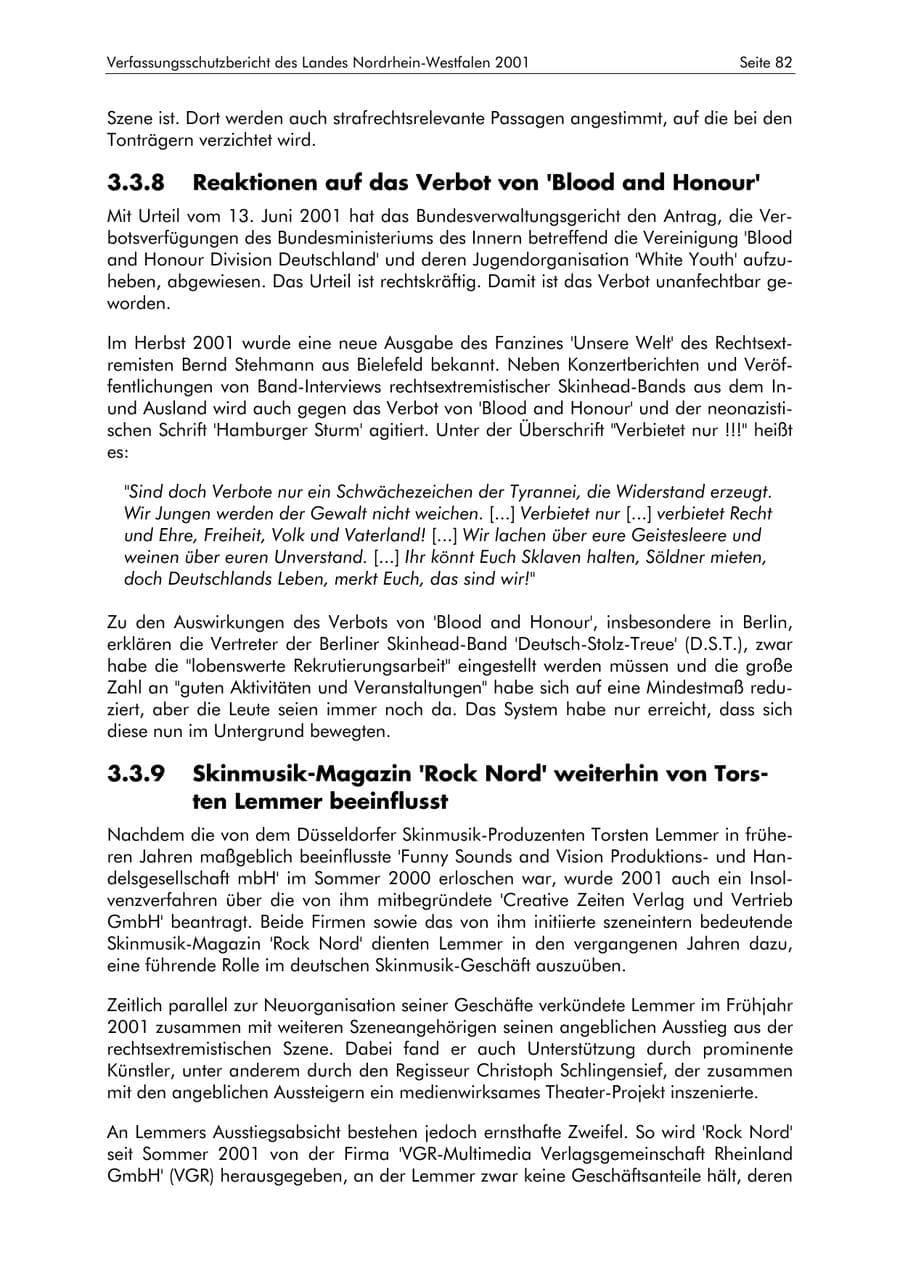 Seite 82 des Verfassungsschutzbericht 2001 Nordrhein-Westfalen