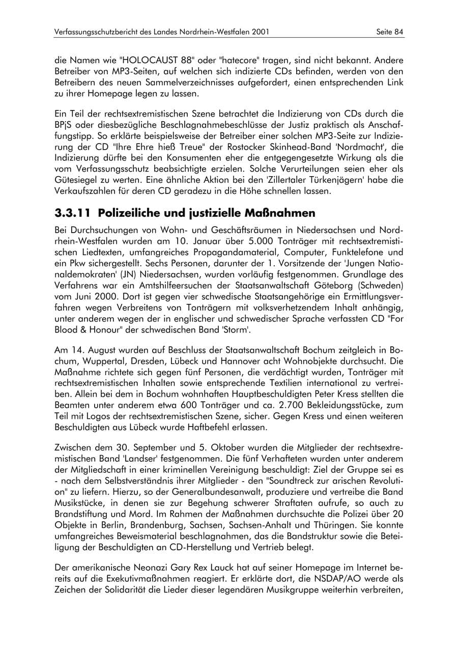 Seite 84 des Verfassungsschutzbericht 2001 Nordrhein-Westfalen