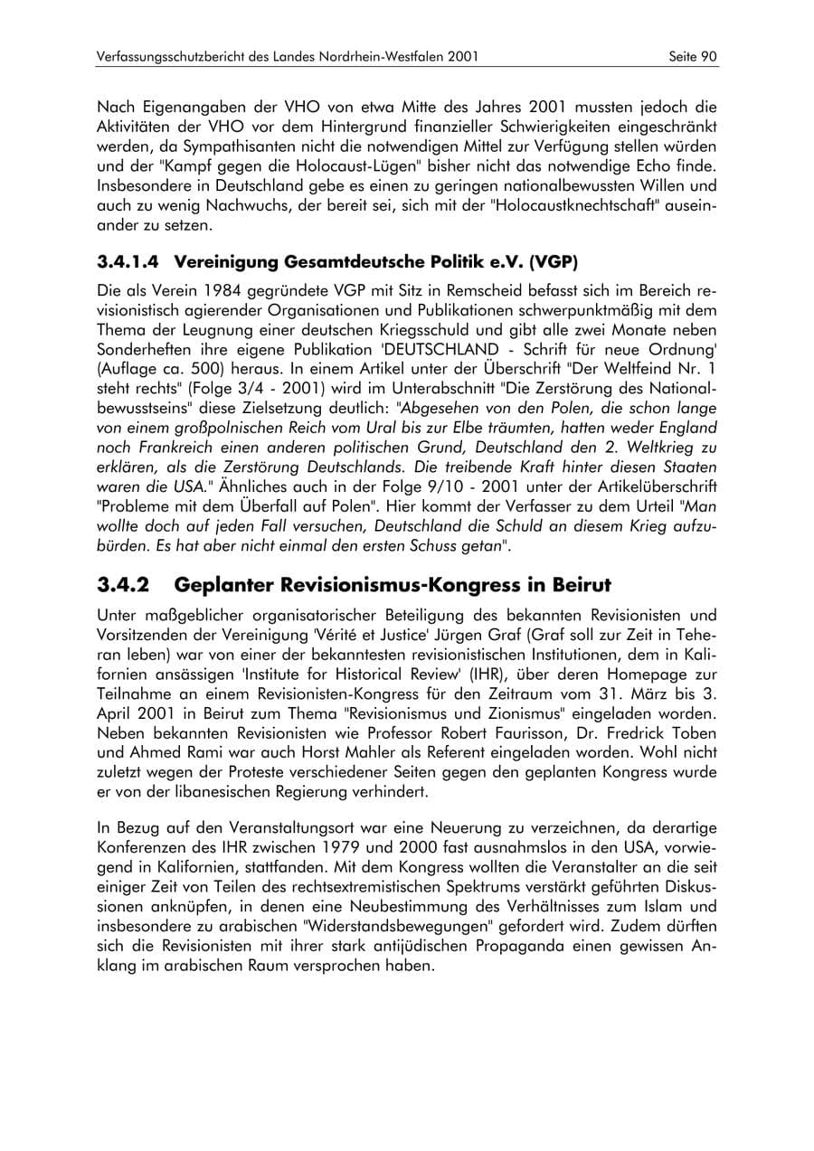 Seite 90 des Verfassungsschutzbericht 2001 Nordrhein-Westfalen