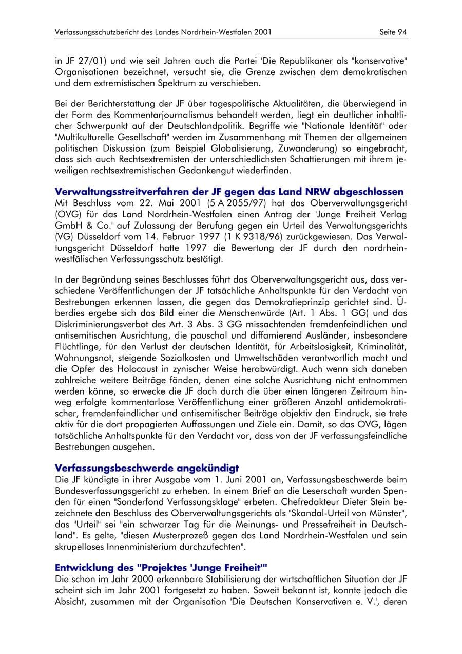 Seite 94 des Verfassungsschutzbericht 2001 Nordrhein-Westfalen