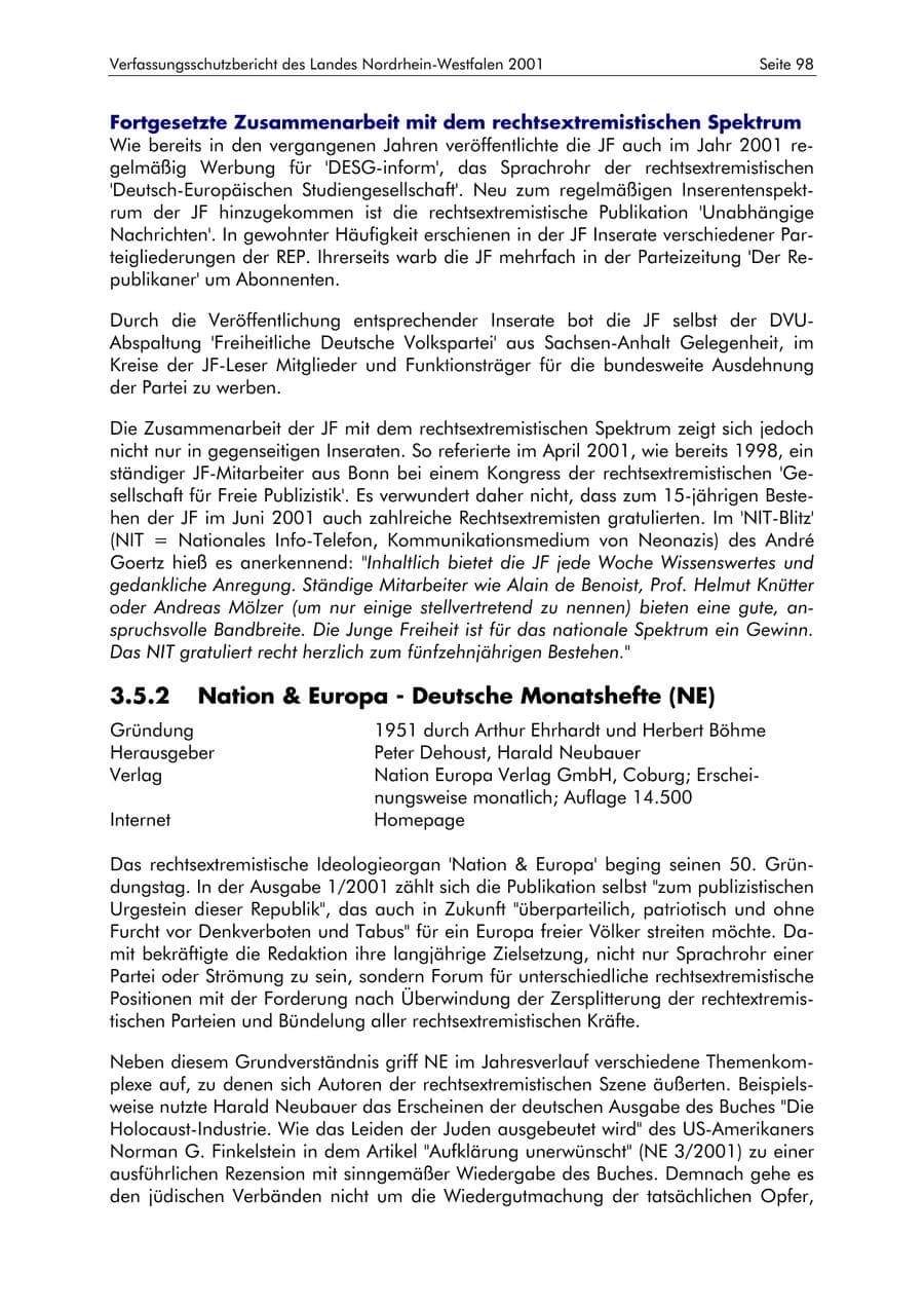 Seite 98 des Verfassungsschutzbericht 2001 Nordrhein-Westfalen