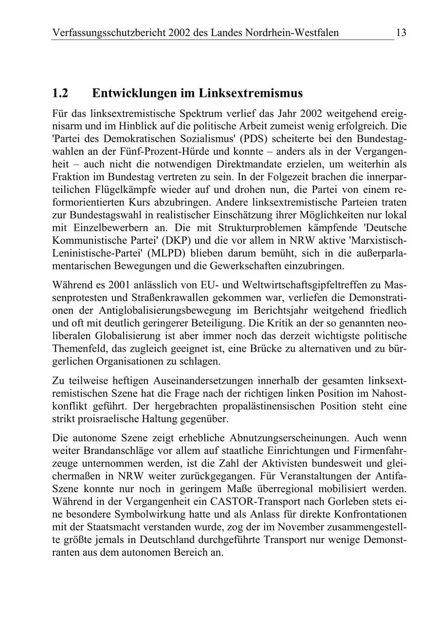 Seite 12 des Verfassungsschutzbericht 2002 Nordrhein-Westfalen