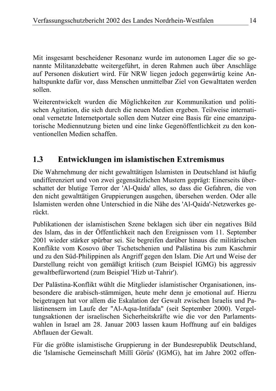 Seite 13 des Verfassungsschutzbericht 2002 Nordrhein-Westfalen