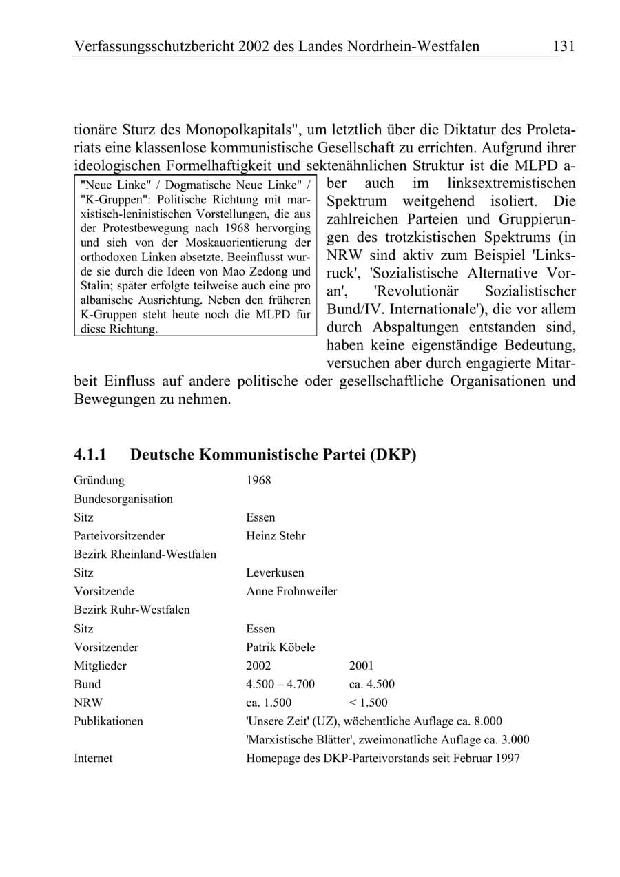 Seite 130 des Verfassungsschutzbericht 2002 Nordrhein-Westfalen