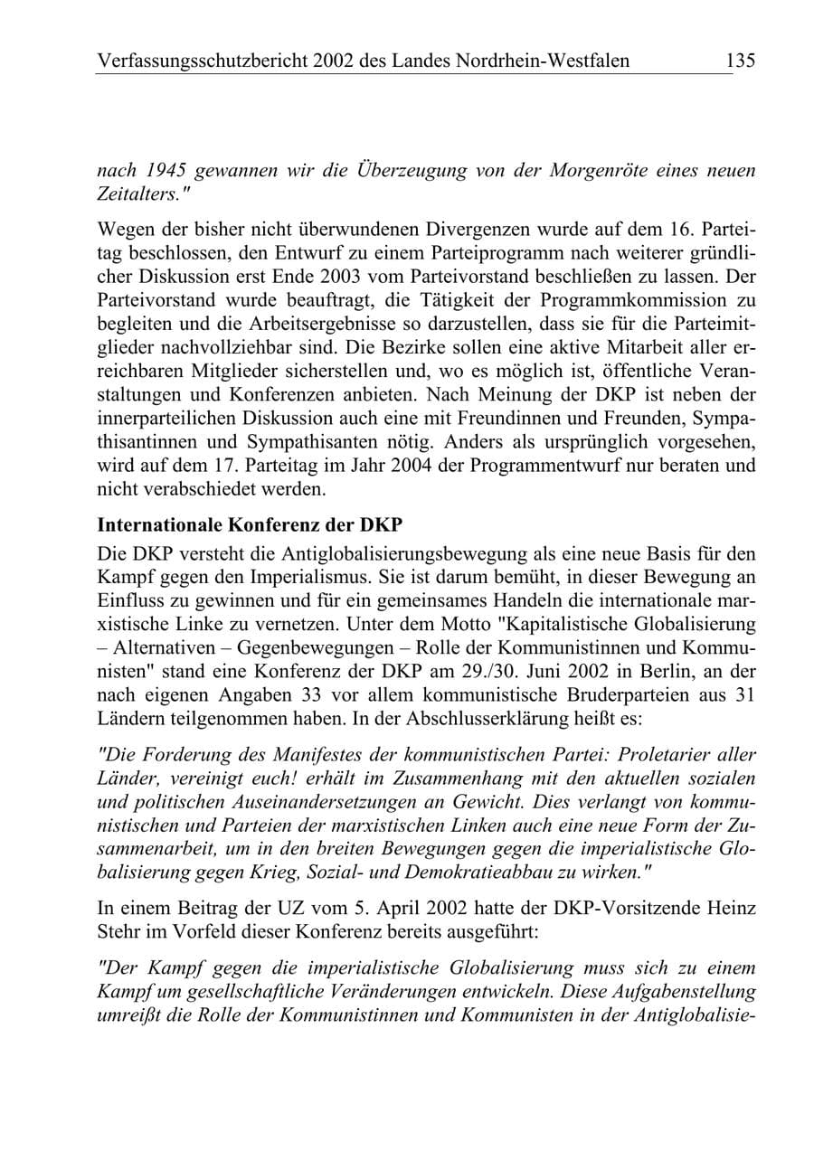 Seite 134 des Verfassungsschutzbericht 2002 Nordrhein-Westfalen