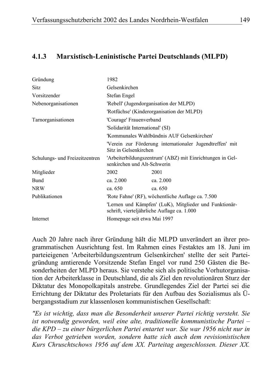 Seite 148 des Verfassungsschutzbericht 2002 Nordrhein-Westfalen