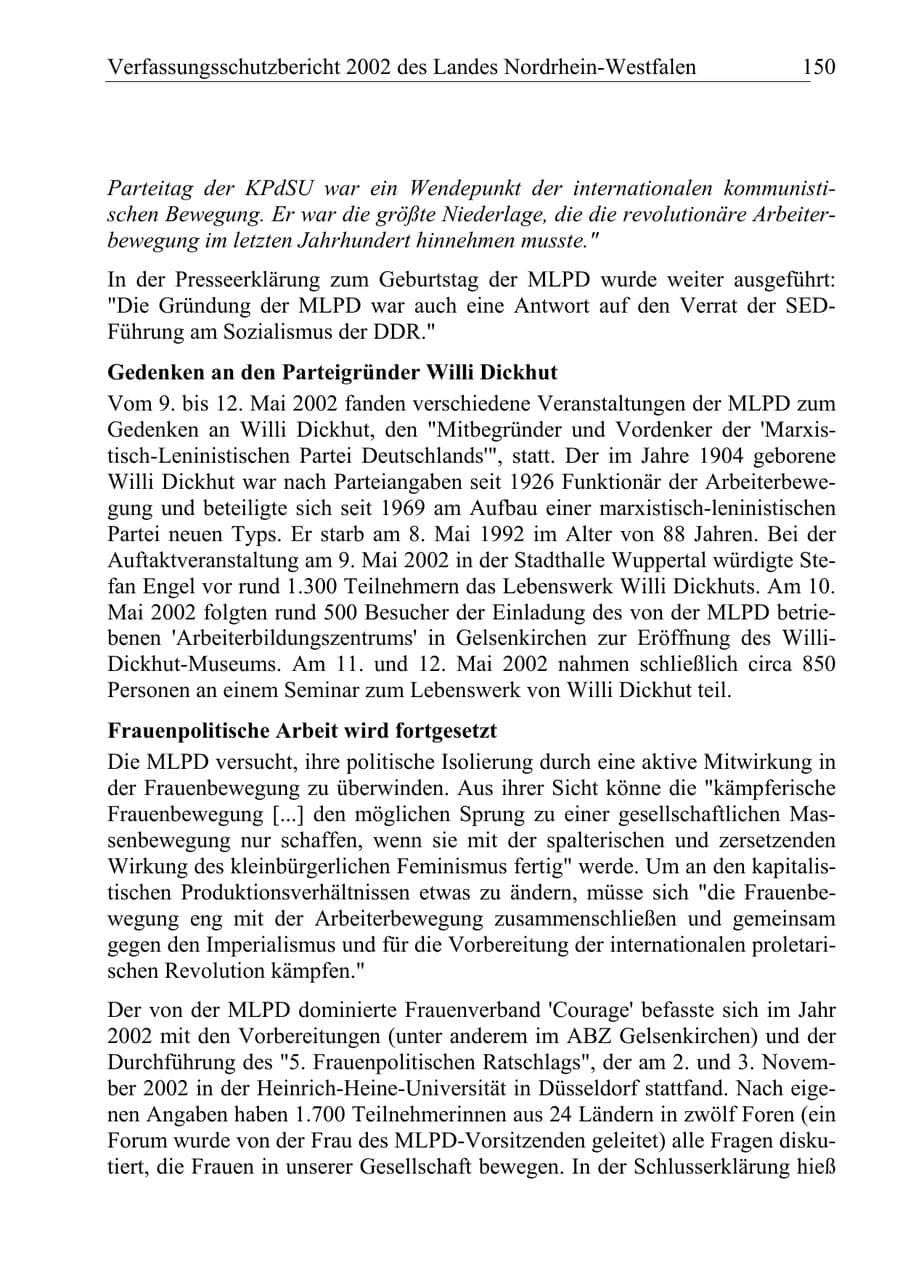 Seite 149 des Verfassungsschutzbericht 2002 Nordrhein-Westfalen