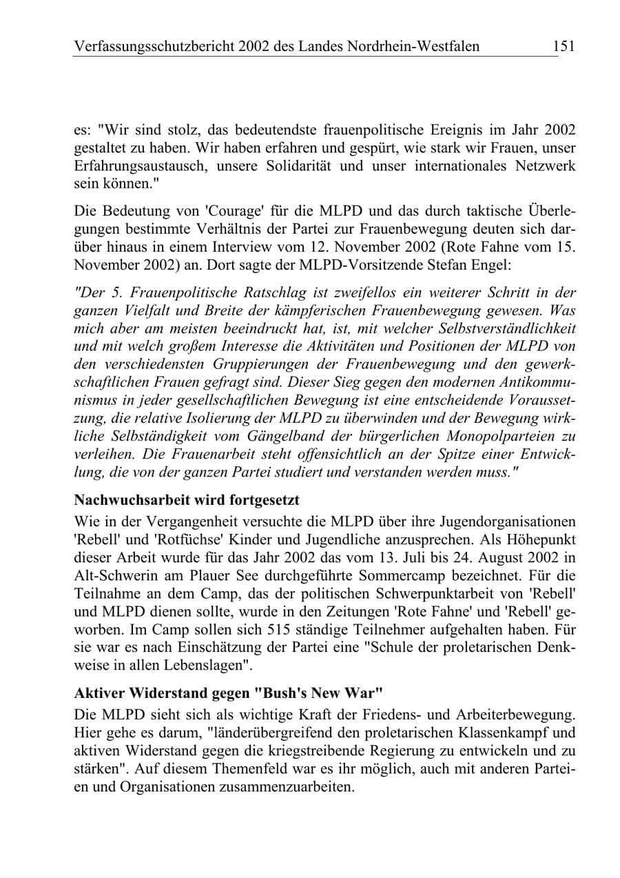 Seite 150 des Verfassungsschutzbericht 2002 Nordrhein-Westfalen