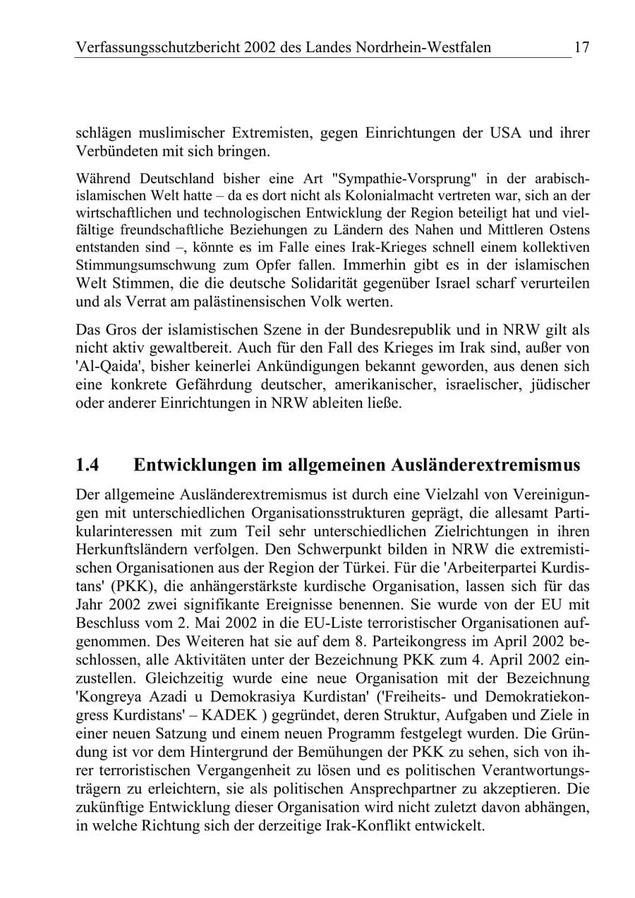 Seite 16 des Verfassungsschutzbericht 2002 Nordrhein-Westfalen