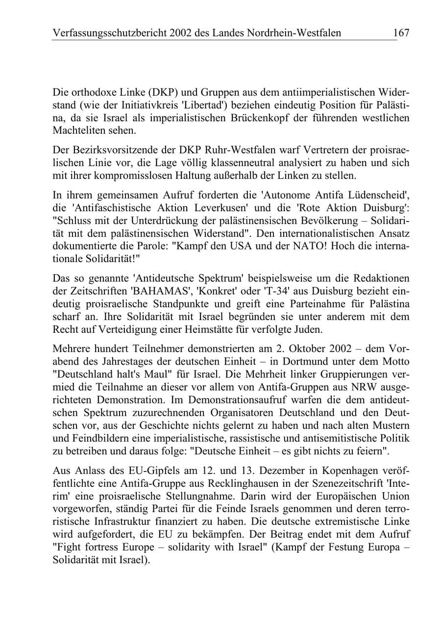 Seite 166 des Verfassungsschutzbericht 2002 Nordrhein-Westfalen