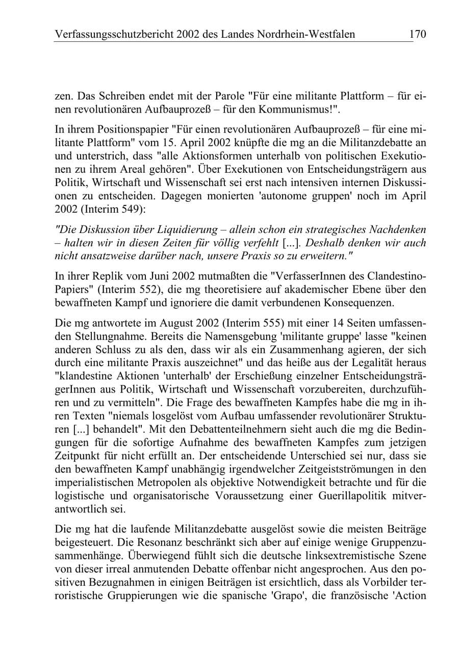 Seite 169 des Verfassungsschutzbericht 2002 Nordrhein-Westfalen