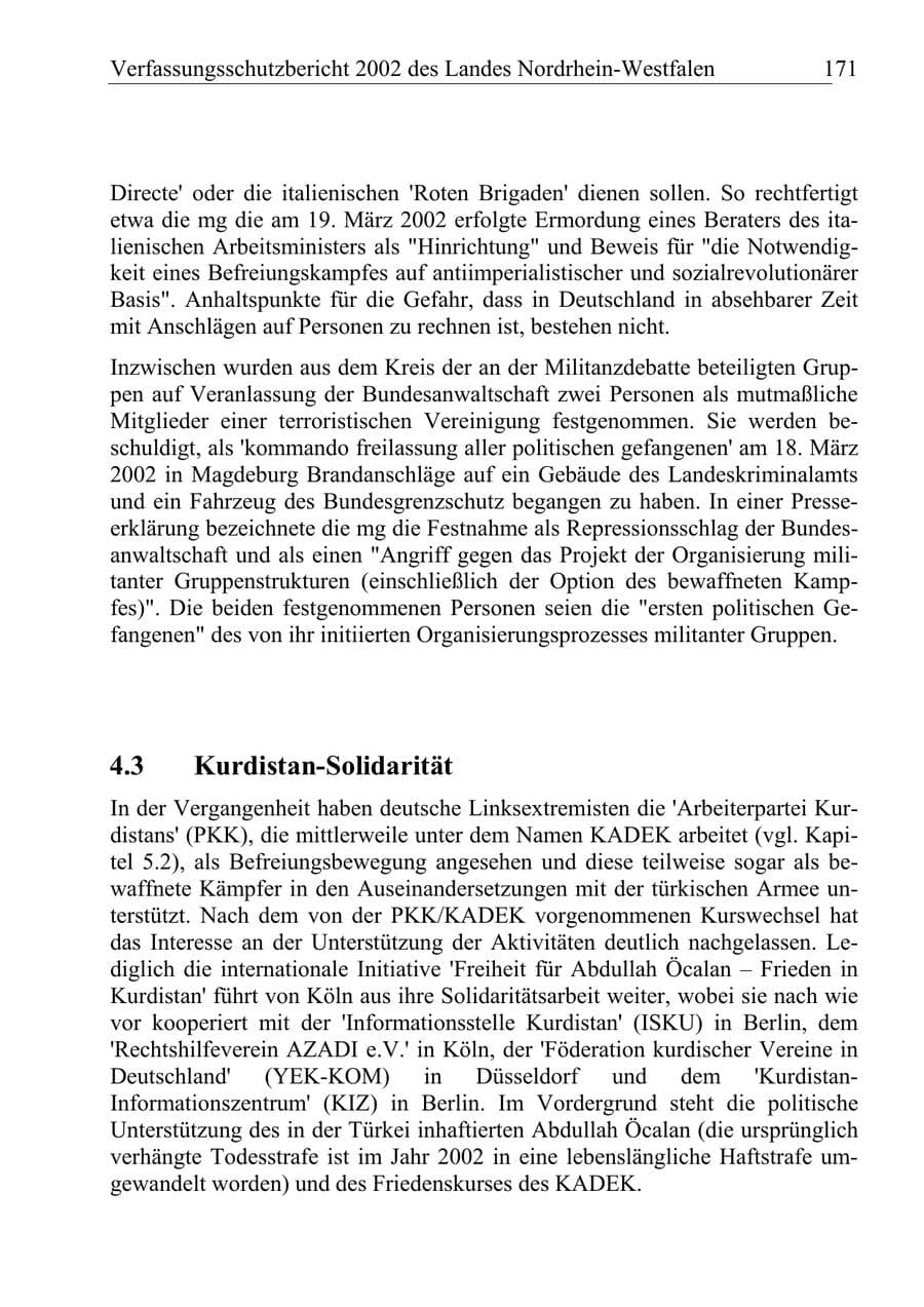 Seite 170 des Verfassungsschutzbericht 2002 Nordrhein-Westfalen