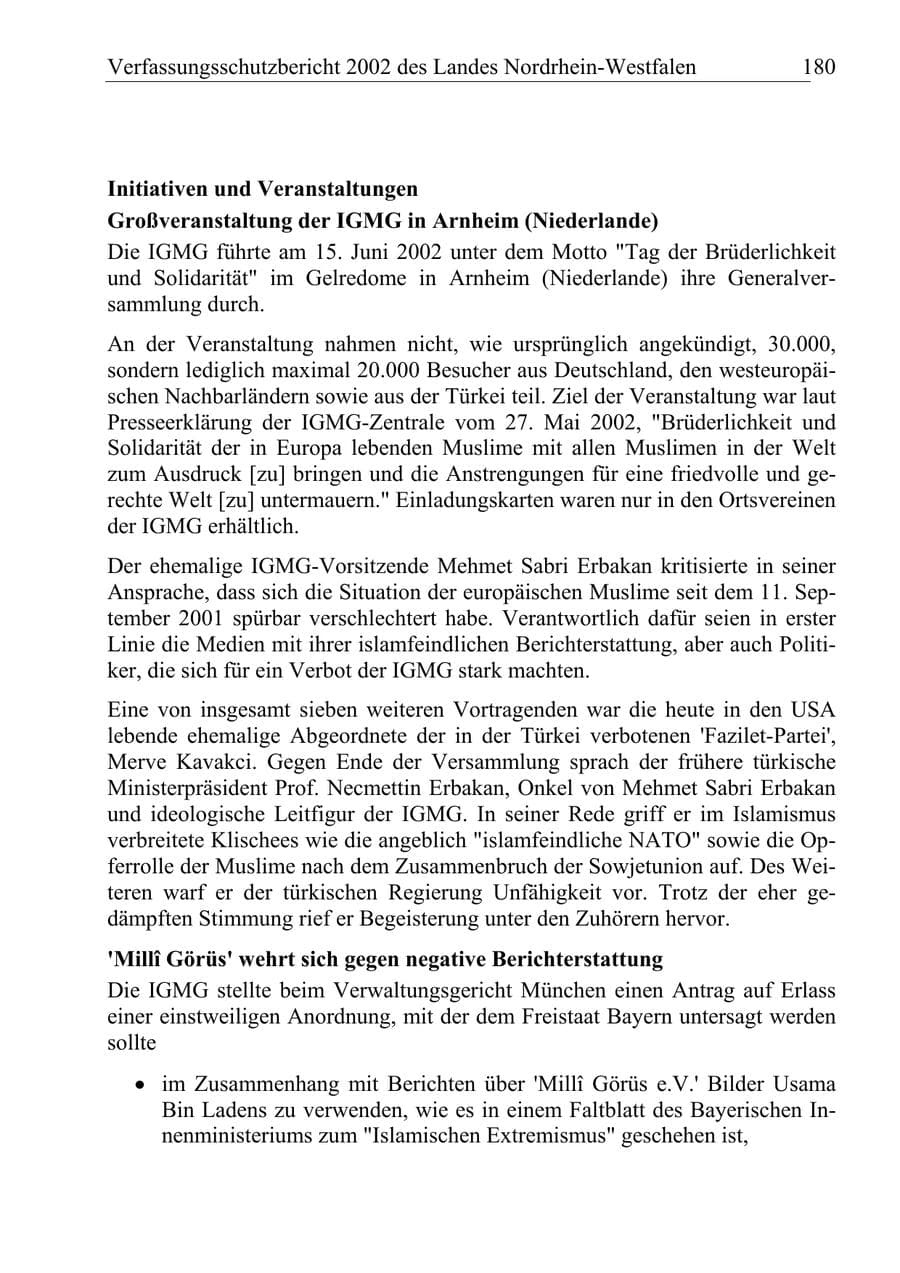Seite 179 des Verfassungsschutzbericht 2002 Nordrhein-Westfalen