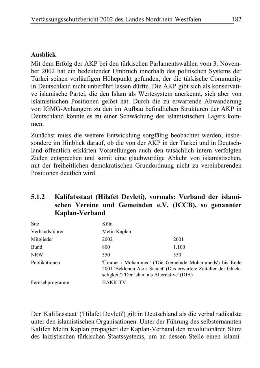 Seite 181 des Verfassungsschutzbericht 2002 Nordrhein-Westfalen