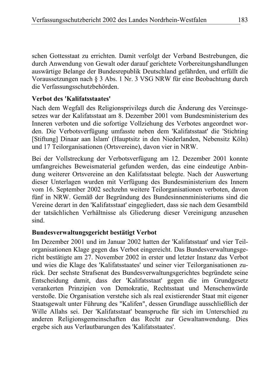 Seite 182 des Verfassungsschutzbericht 2002 Nordrhein-Westfalen