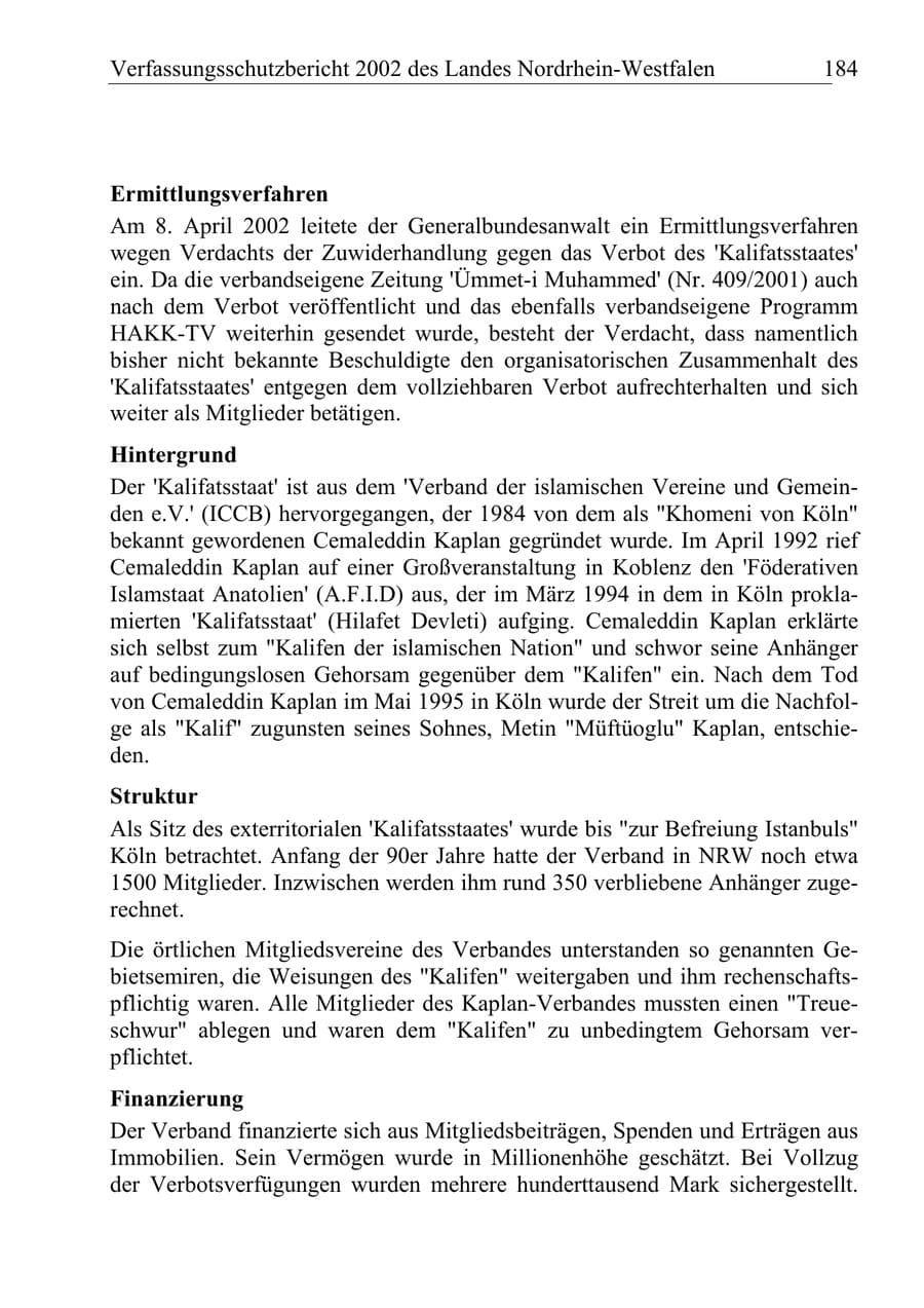 Seite 183 des Verfassungsschutzbericht 2002 Nordrhein-Westfalen