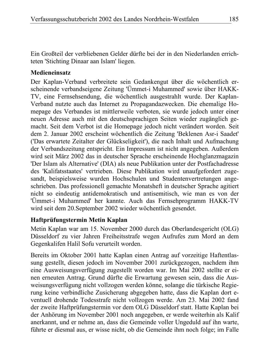 Seite 184 des Verfassungsschutzbericht 2002 Nordrhein-Westfalen