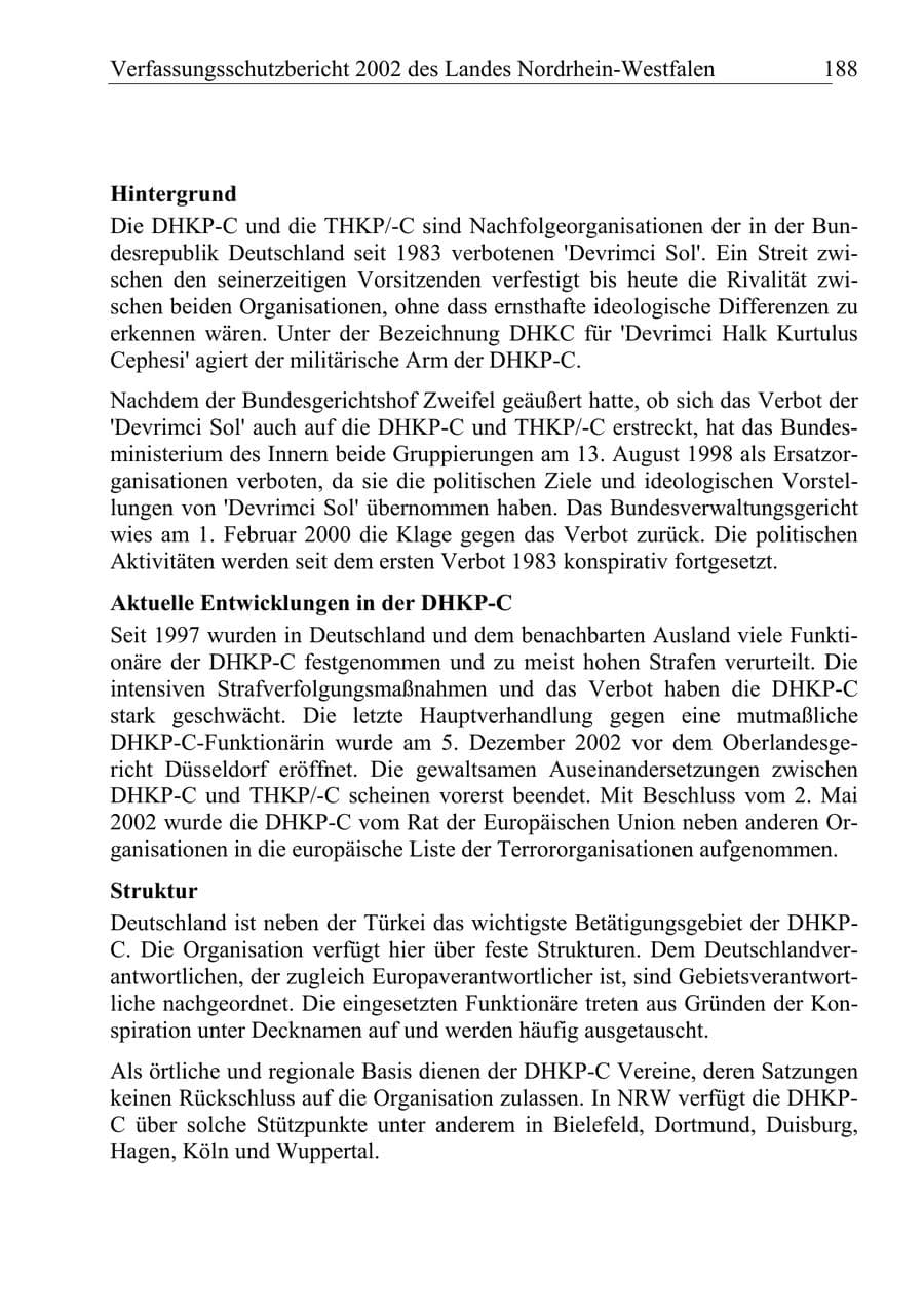 Seite 187 des Verfassungsschutzbericht 2002 Nordrhein-Westfalen