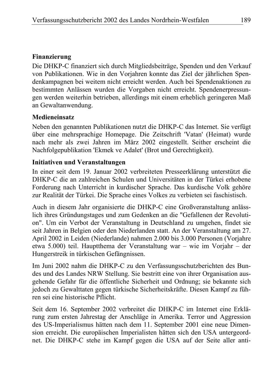 Seite 188 des Verfassungsschutzbericht 2002 Nordrhein-Westfalen