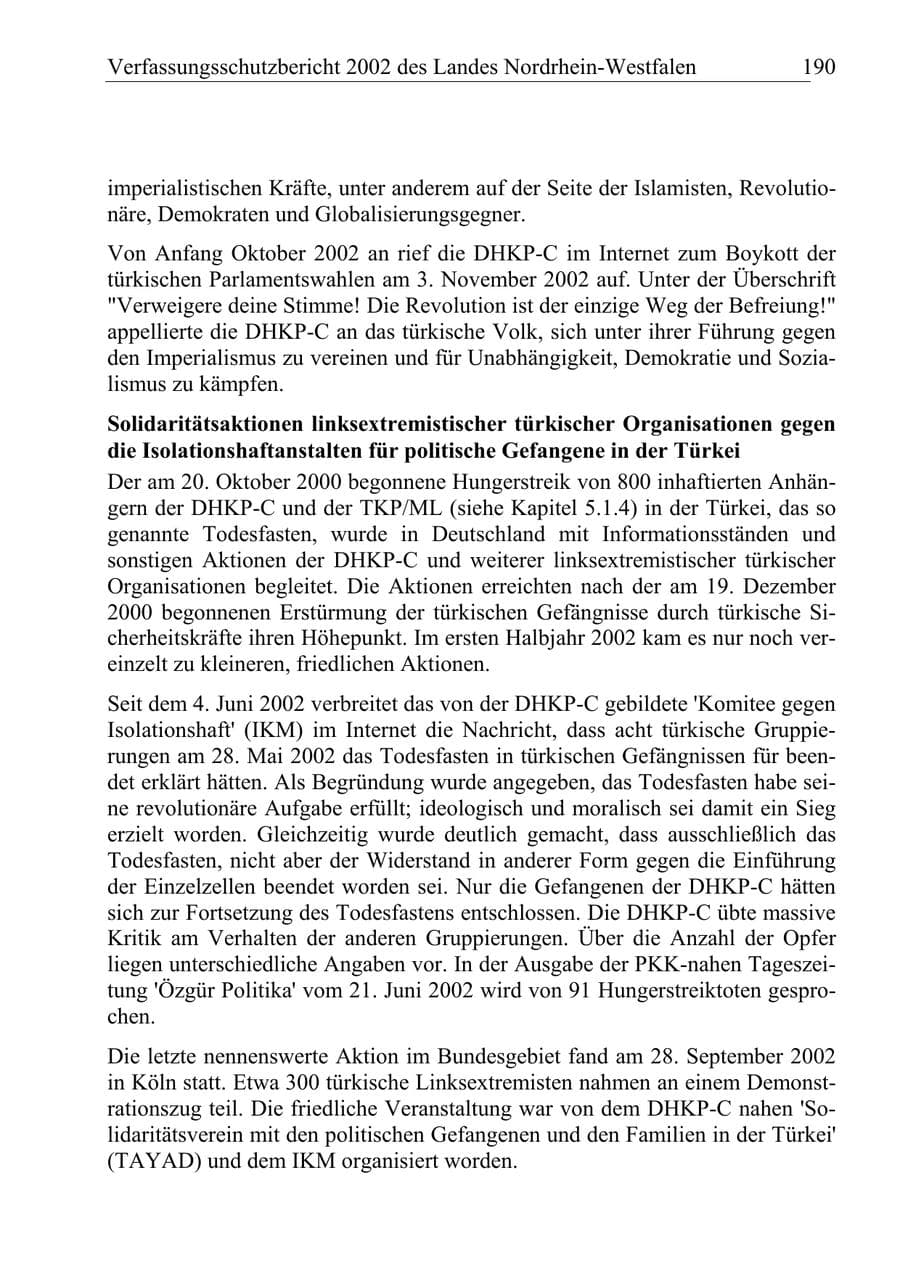 Seite 189 des Verfassungsschutzbericht 2002 Nordrhein-Westfalen