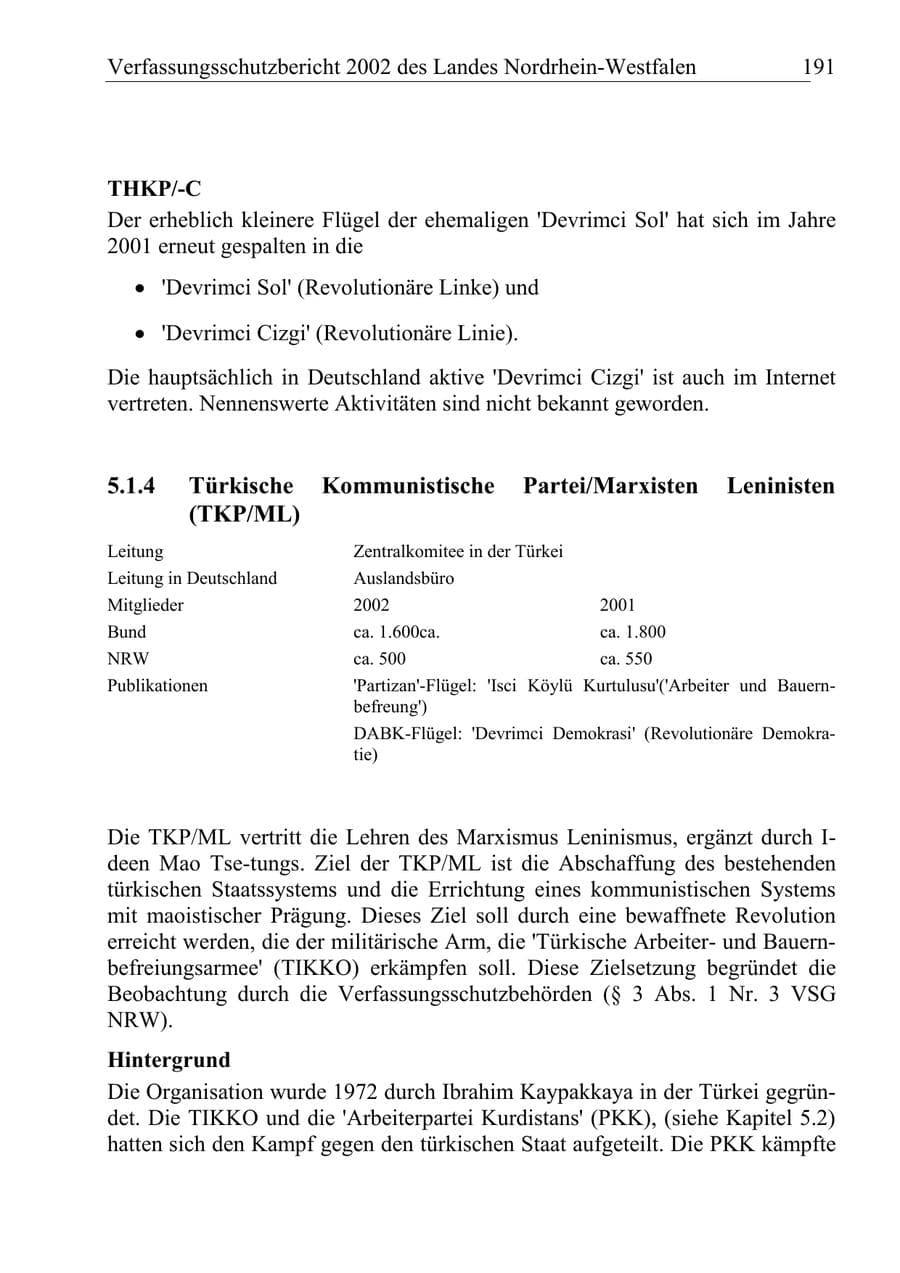 Seite 190 des Verfassungsschutzbericht 2002 Nordrhein-Westfalen