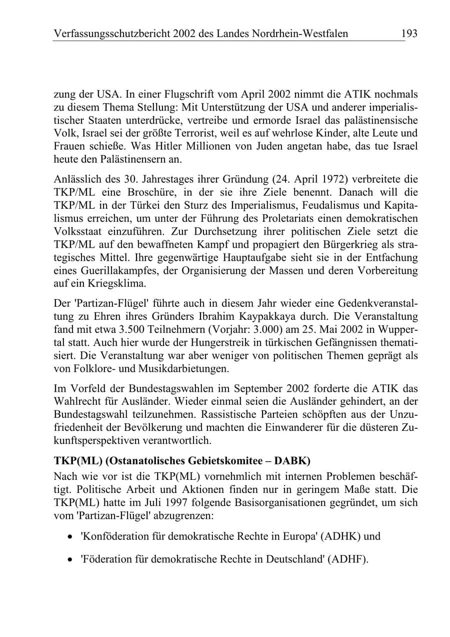 Seite 192 des Verfassungsschutzbericht 2002 Nordrhein-Westfalen