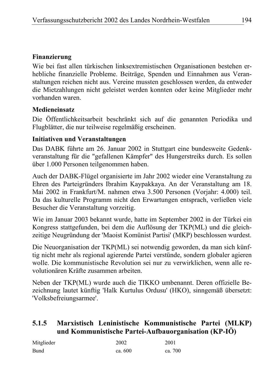 Seite 193 des Verfassungsschutzbericht 2002 Nordrhein-Westfalen