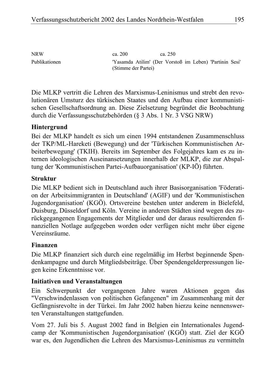 Seite 194 des Verfassungsschutzbericht 2002 Nordrhein-Westfalen