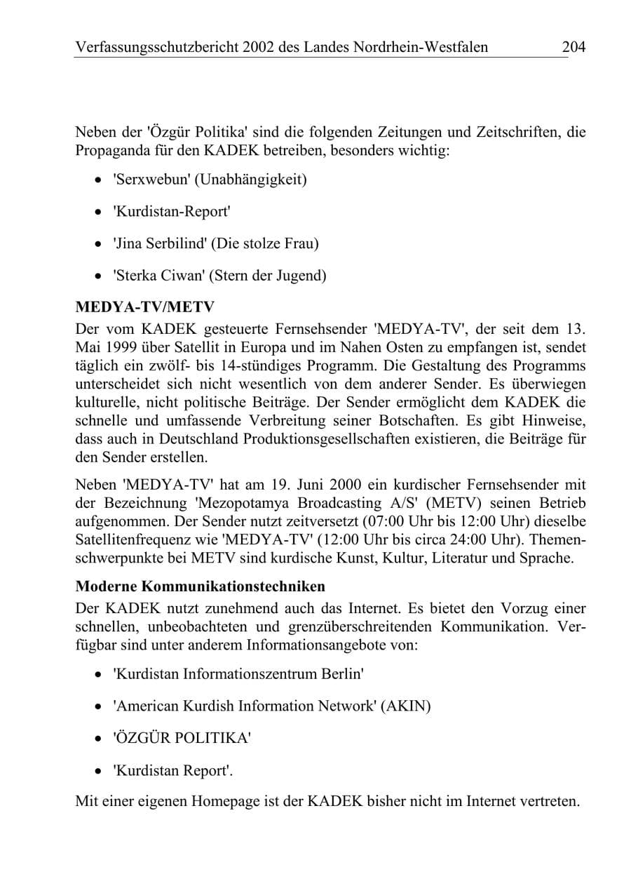 Seite 203 des Verfassungsschutzbericht 2002 Nordrhein-Westfalen